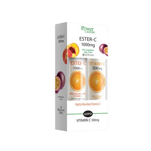 Power Health Set Συμπλήρωμα Διατροφής με Στέβια Ester C 1000mg με Γεύση Ροδάκινο& Δώρο Vitamin C 500mg με Γεύση Πορτοκάλι