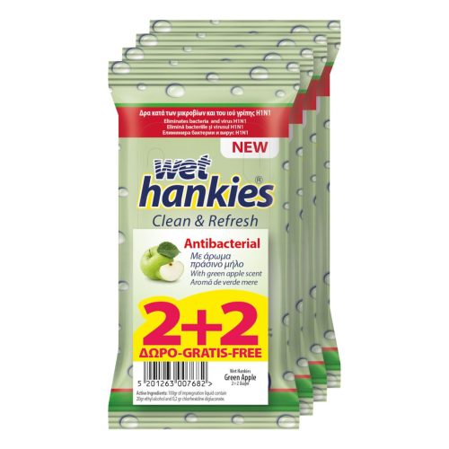 Wet Hankies Υγρά Αντιβακτηριδιακά Μαντήλια Πράσινο Μήλο 2 & 2 Δώρο 60τμχ